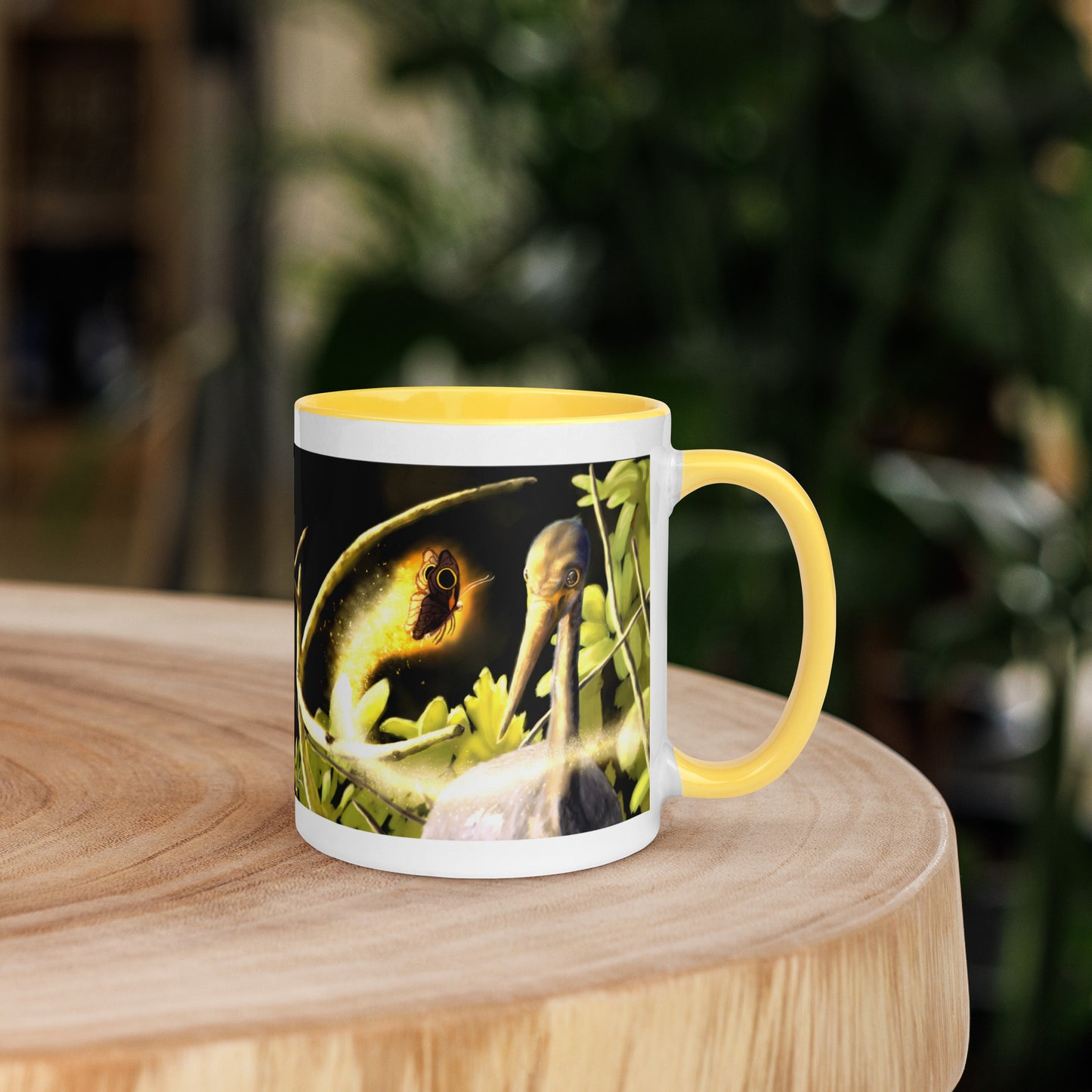 This printed mug of a digital painting is the first image in an ongoing series where animals meet special glowing insects face to face. In this particular encounter, a tricolor crane meets a luminescent butterfly. This digital wildlife animal painting print design is printed on colored mugs perfect for delicious beverages.